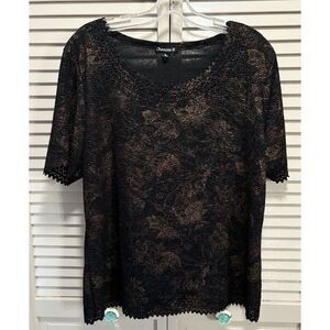Chances R Short Sleeve Scoop Neck‎ Size XL Lacey Cut-Out Hem Black/Bronze